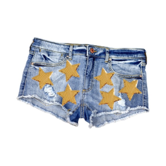 Denim Shorts With Sequined Star Patches - Picture 1 of 7